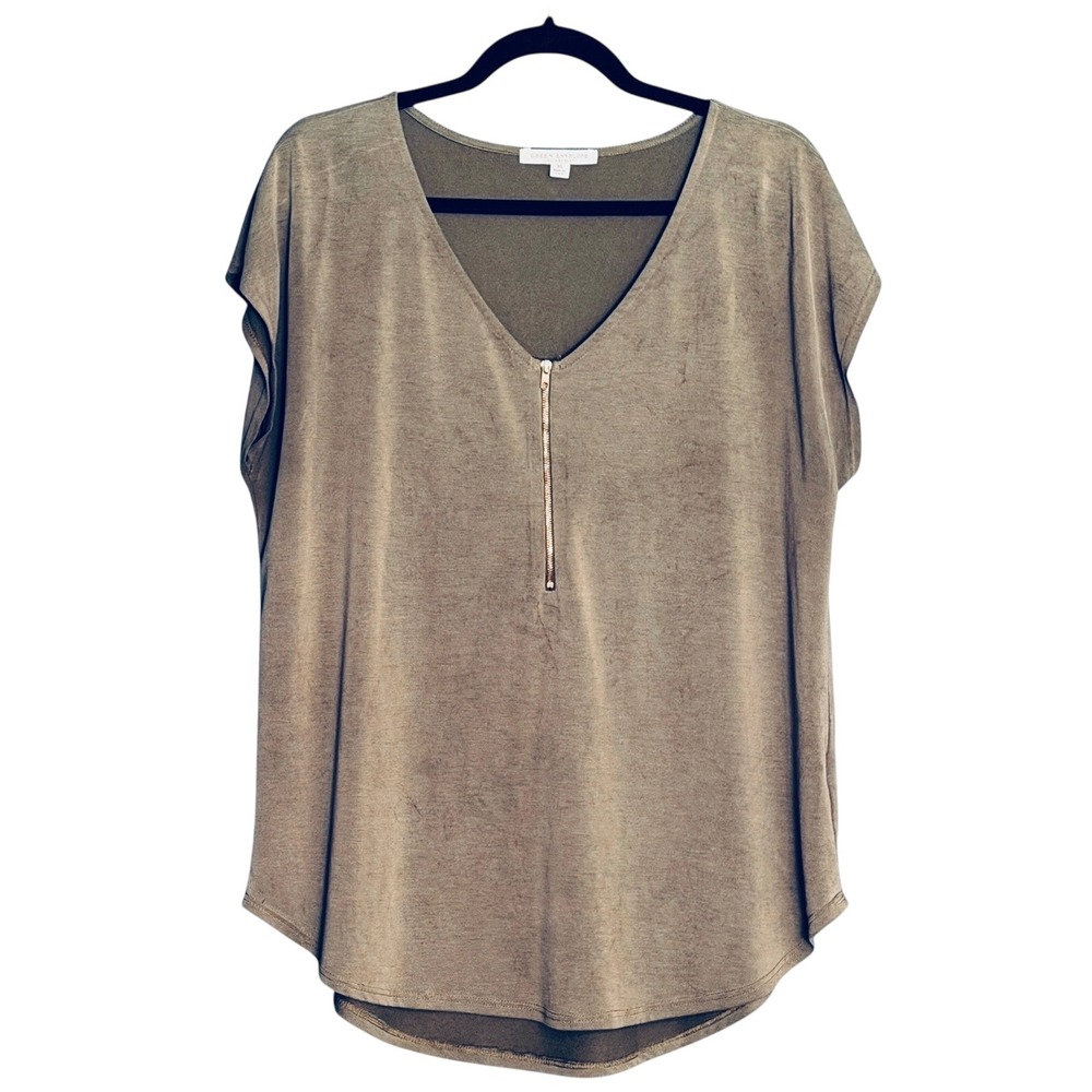 Green Envelope Top Women XL Olive Green Zip Front V-Neck Short Sleeve Casual